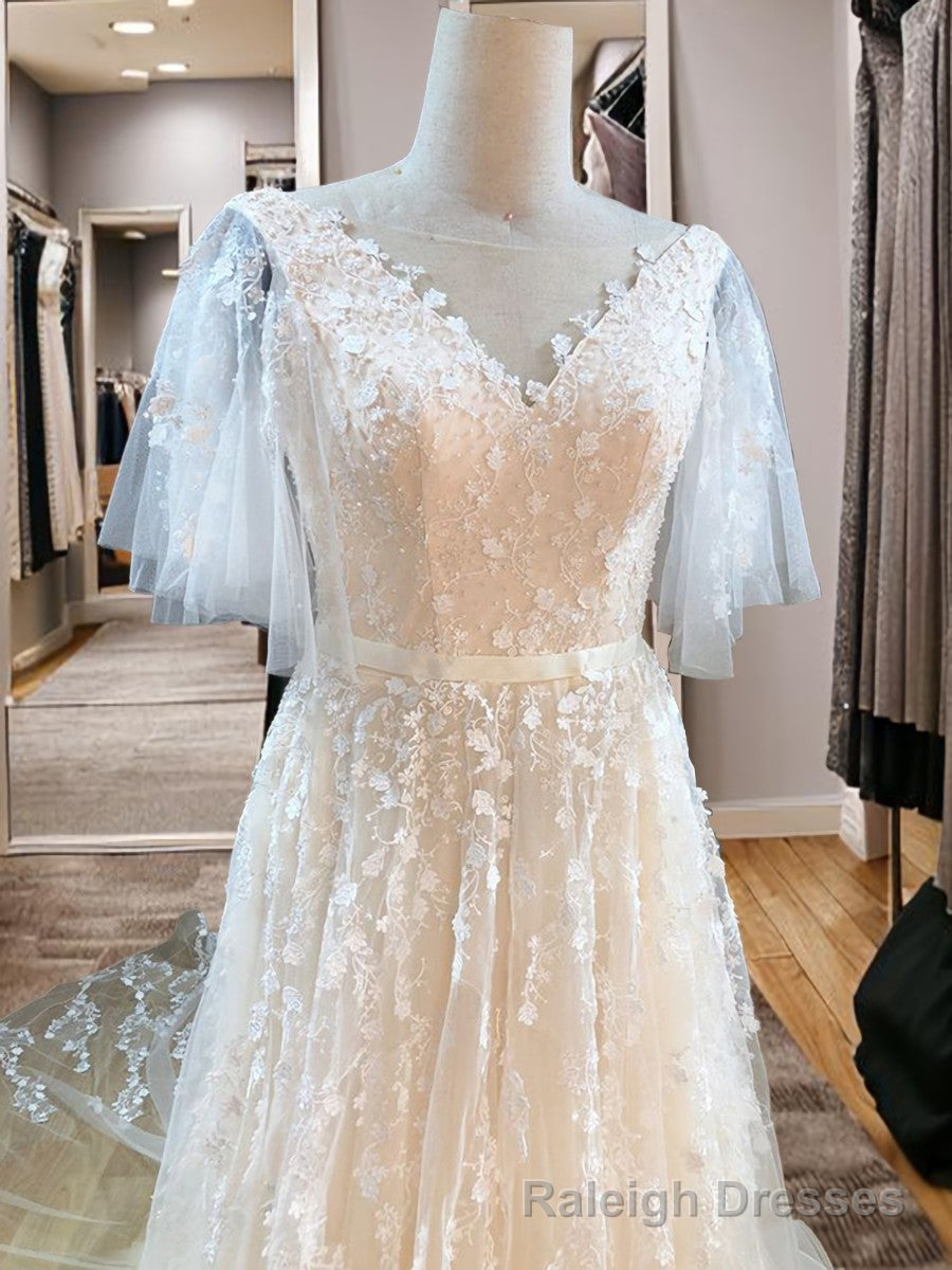 A Line V Neck Short Sleeves Appliques Lace Sweep Train Tulle Wedding Dress