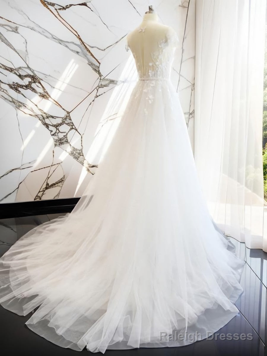 A-Line V-Neck Short Sleeves Hand-Made Flower Court Train Tulle Wedding Dresses