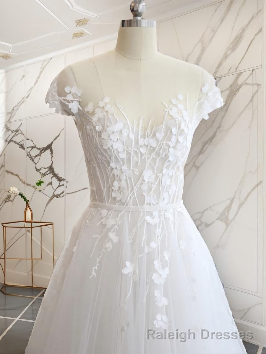 A-line V-neck Short Sleeves Hand-Made Flower Court Train Tulle Wedding Dress Secondary image