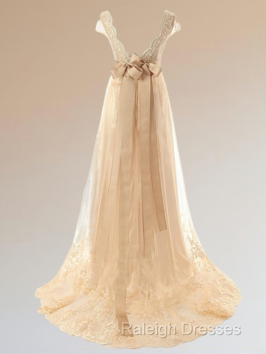 A-Line V-Neck Short Sleeves Sash/Ribbon/Belt Sweep Train Tulle Wedding Dresses Secondary image