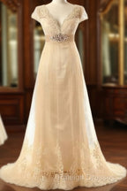 A-Line V-Neck Short Sleeves Sash/Ribbon/Belt Sweep Train Tulle Wedding Dress