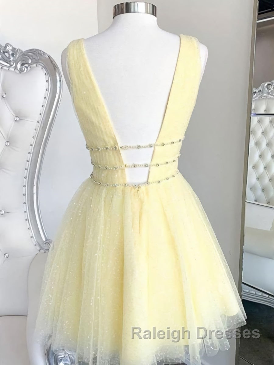 A Line V Neck Short Yellow Prom Dresses, Short V Neck Yellow Formal Homecoming Dresses Secondary image