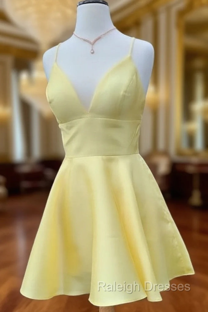A Line V Neck Short Yellow Prom Dresses, Short Yellow V Neck Graduation Homecoming Dresses Main image