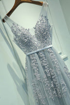 A Line V Neck Silver Gray Lace Prom Dress Grey Lace Prom Dress