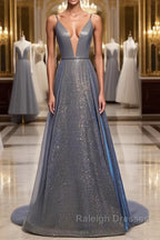 A Line V Neck Silver Gray Long Prom Dresses, Gray Long Formal Evening Dresses