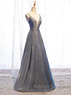 A Line V Neck Silver Gray Long Prom Dress Gray Long Prom Dress