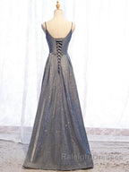 A Line V Neck Silver Gray Long Prom Dress Gray Long Prom Dress