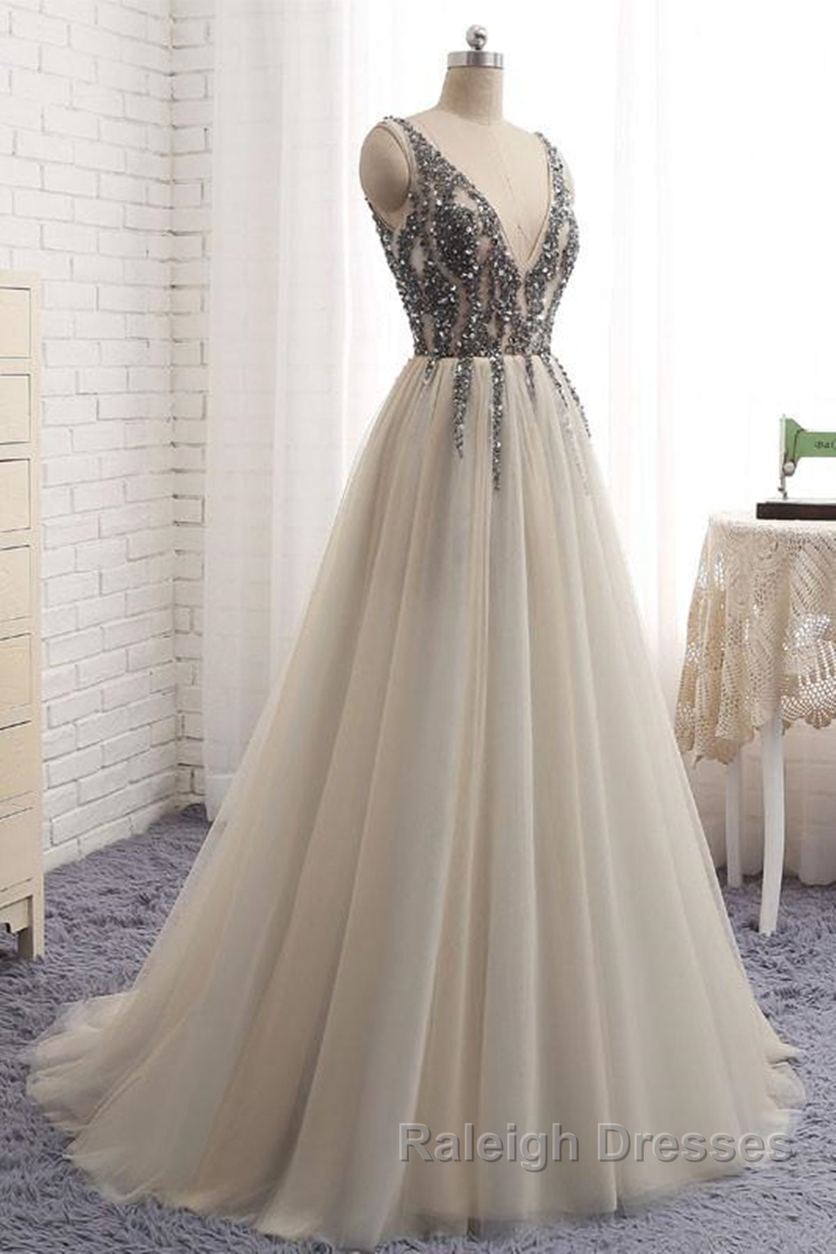 A Line V Neck Silver Gray Long Prom Dresses, Silver Grey Beaded Long Formal Evening Dresses Secondary image