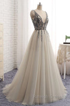 A Line V Neck Silver Gray Long Prom Dress Silver Grey Beaded Long Prom Dress