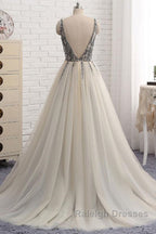 A Line V Neck Silver Gray Long Prom Dress Silver Grey Beaded Long Prom Dress
