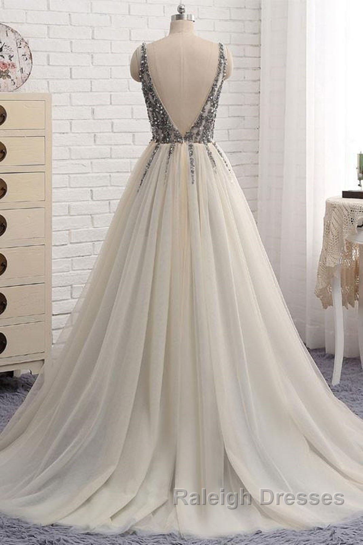 A Line V Neck Silver Gray Long Prom Dress Silver Grey Beaded Long Prom Dress