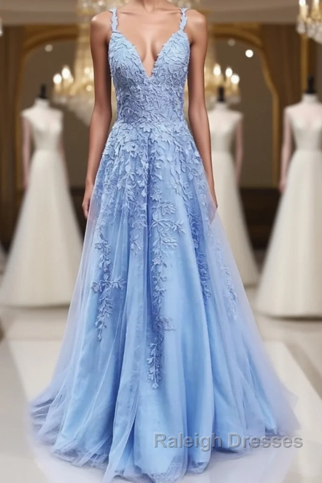 A Line V Neck Sky Blue Lace Prom Dresses, Light Blue Lace Formal Evening Dresses Main image