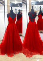 A Line V Neck Sleeveless Chapel Train Tulle Prom Dress With Appliqued Lace