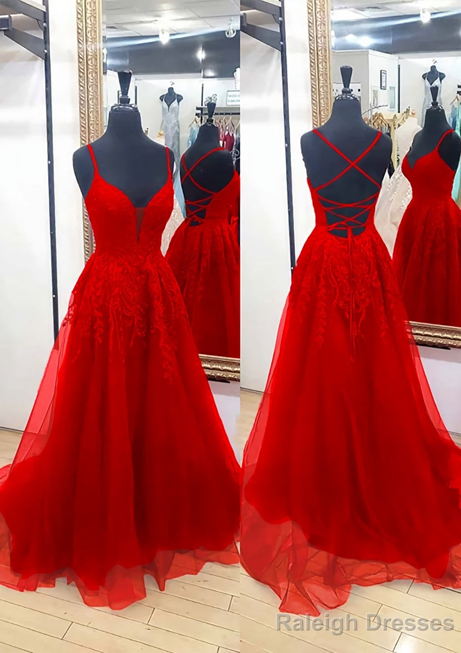 A Line V Neck Sleeveless Chapel Train Tulle Prom Dress With Appliqued Lace