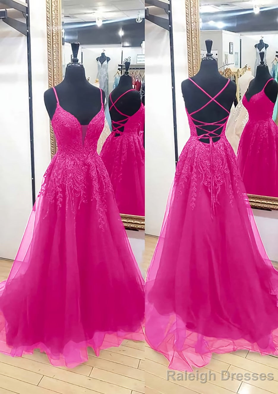 A Line V Neck Sleeveless Chapel Train Tulle Prom Dress With Appliqued Lace