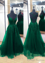 A-line V Neck Sleeveless Chapel Train Tulle Prom Dresses With Appliqued Lace