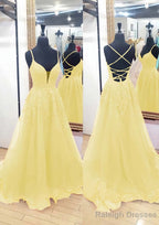 A-line V Neck Sleeveless Chapel Train Tulle Prom Dresses With Appliqued Lace