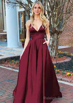 A Line V Neck Sleeveless Charmeuse Long Dress Floor Length Prom Dress With Pockets