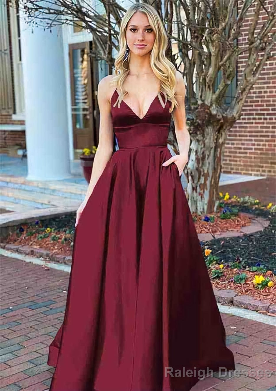 A Line V Neck Sleeveless Charmeuse Long Dress Floor Length Prom Dress With Pockets
