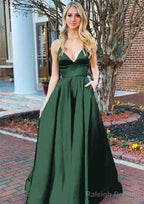 A Line V Neck Sleeveless Charmeuse Long Dress Floor Length Prom Dress With Pockets