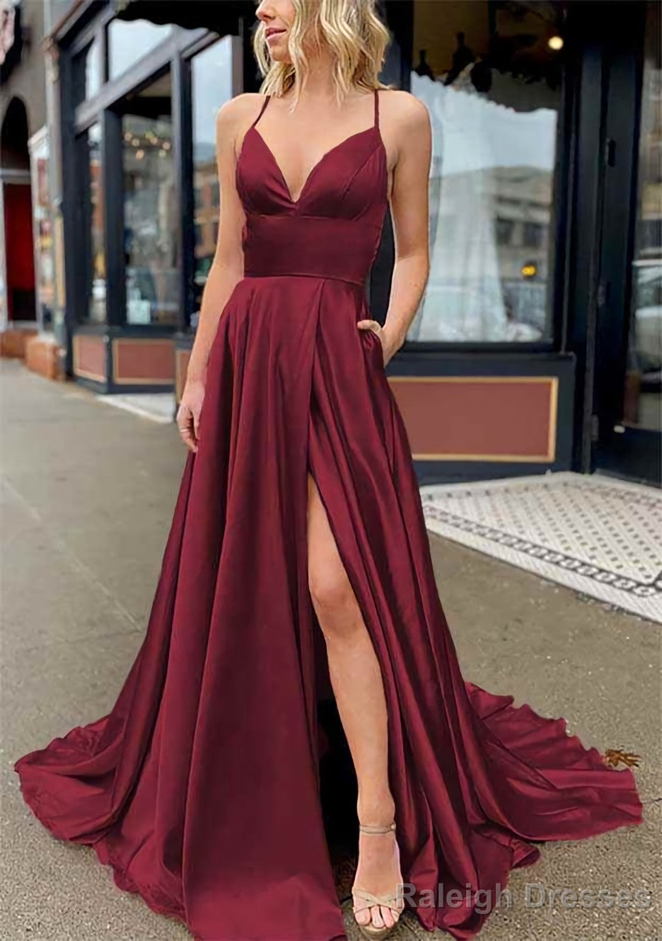 A-line V Neck Sleeveless Charmeuse Sweep Train Prom Dresses With Pockets
