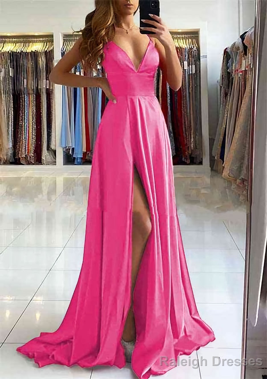 A-line V Neck Sleeveless Charmeuse Sweep Train Prom Dresses With Split
