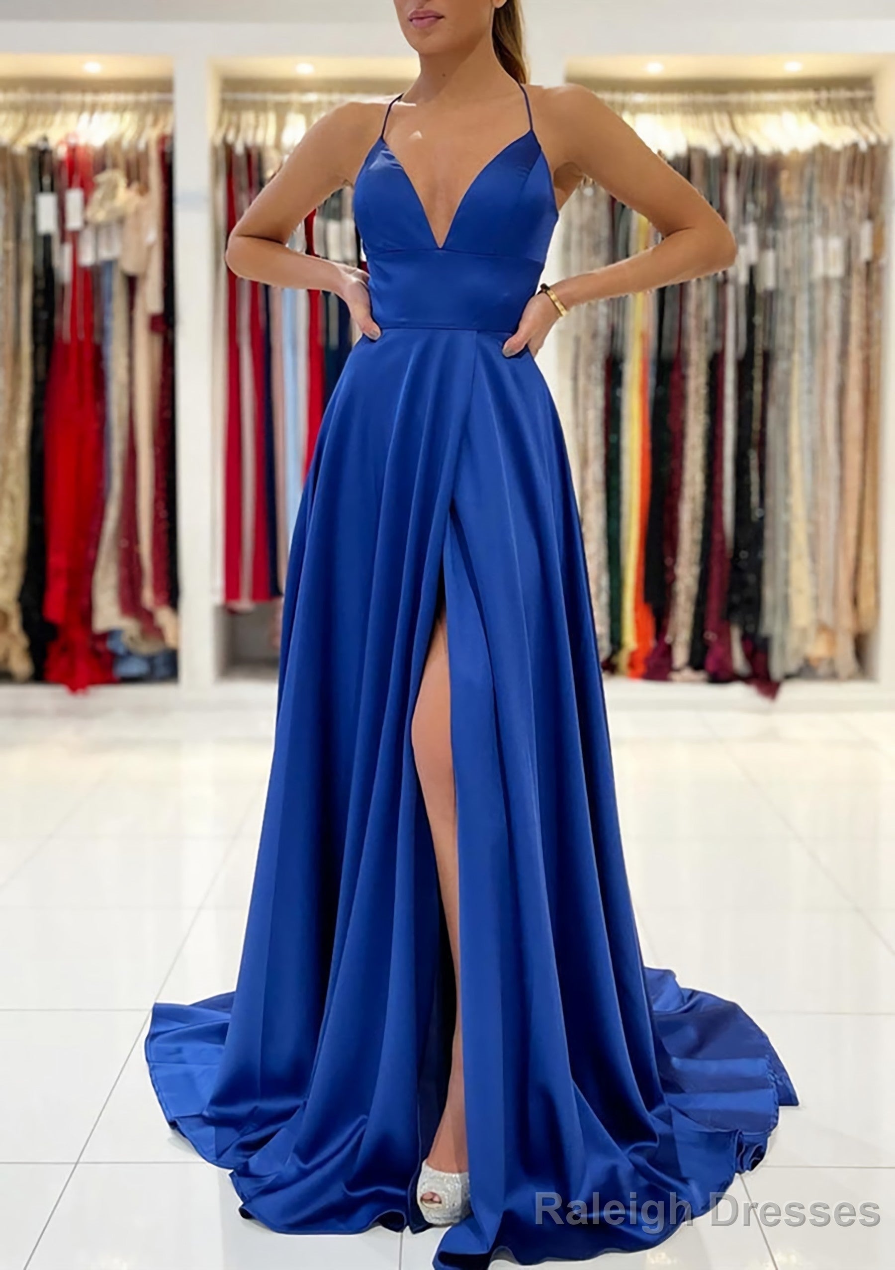 A-line V Neck Sleeveless Charmeuse Sweep Train Prom Dresses With Split Main image