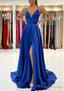 A-line V Neck Sleeveless Charmeuse Sweep Train Prom Dresses With Split