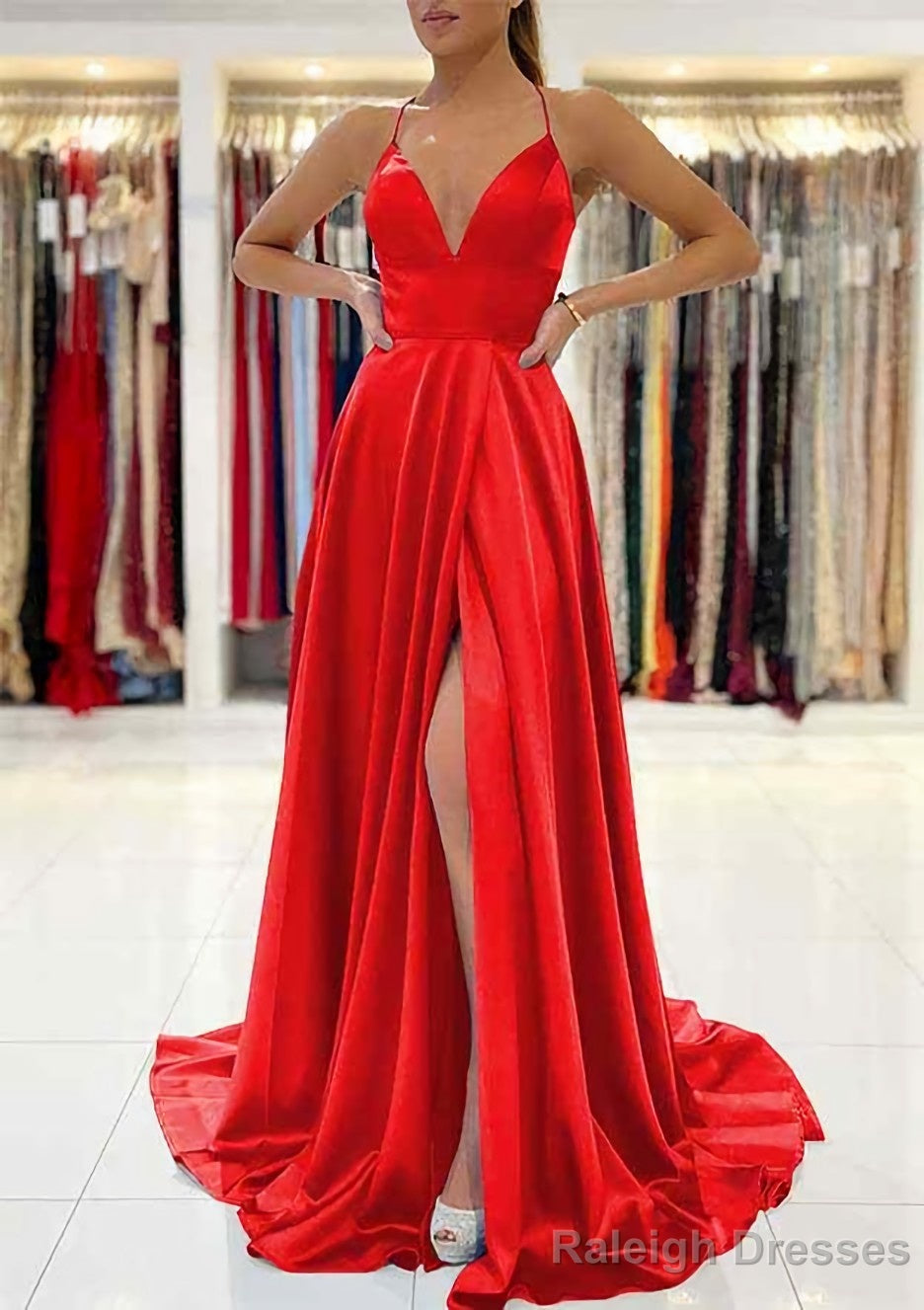 A Line V Neck Sleeveless Charmeuse Sweep Train Prom Dress With Split