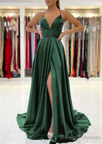 A Line V Neck Sleeveless Charmeuse Sweep Train Prom Dress With Split