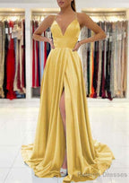 A Line V Neck Sleeveless Charmeuse Sweep Train Prom Dress With Split