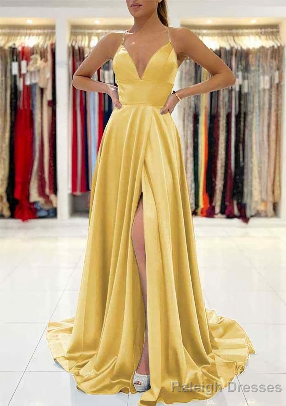 A Line V Neck Sleeveless Charmeuse Sweep Train Prom Dress With Split