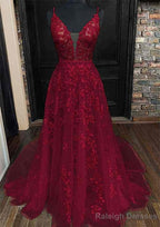 A-line V Neck Sleeveless Lace Court Train Prom Dresses With Pleated