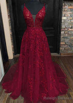 A Line V Neck Sleeveless Lace Court Train Prom Dress With Pleated