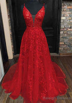 A Line V Neck Sleeveless Lace Court Train Prom Dress With Pleated