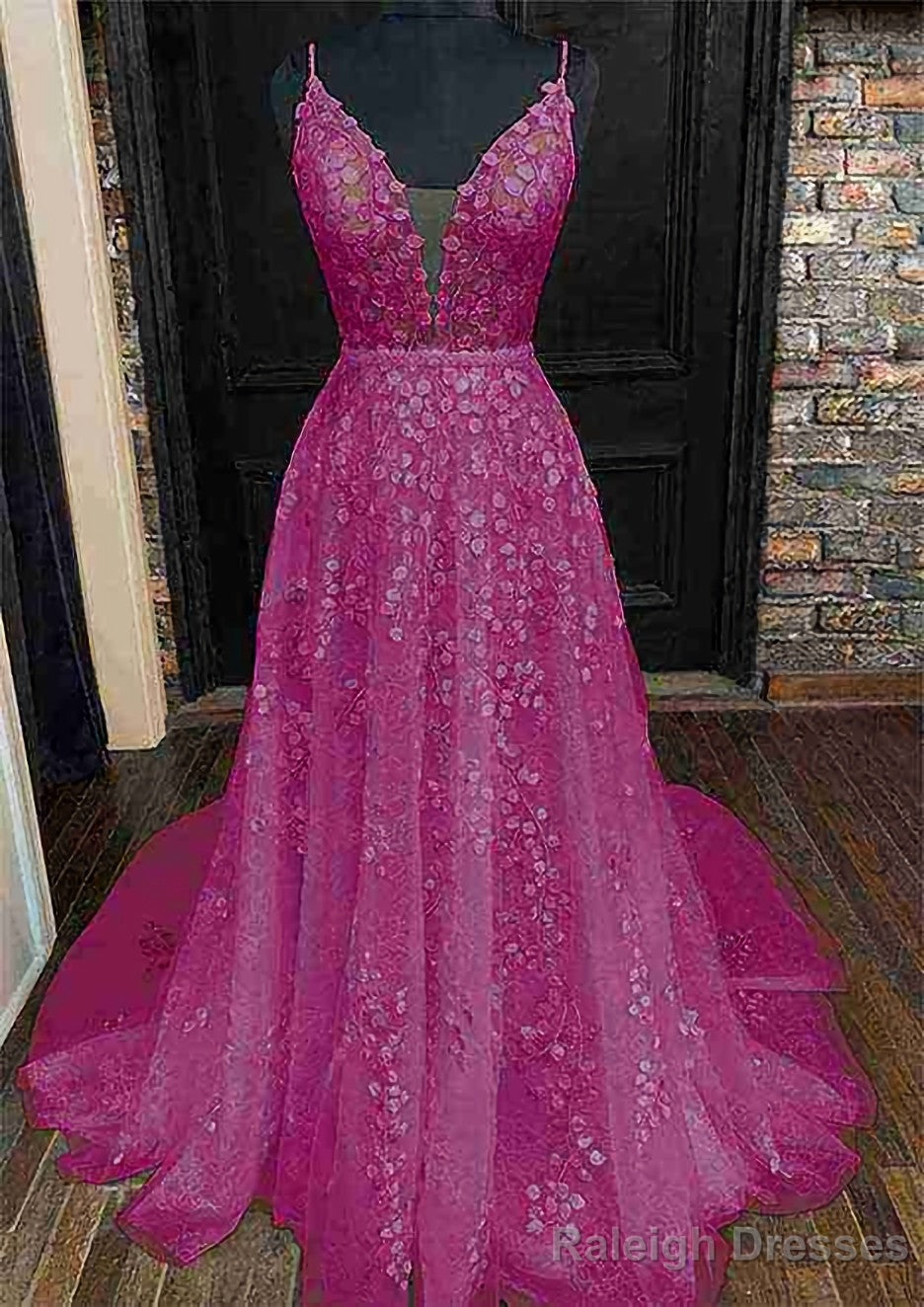 A-line V Neck Sleeveless Lace Court Train Prom Dresses With Pleated