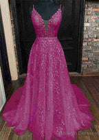 A Line V Neck Sleeveless Lace Court Train Prom Dress With Pleated
