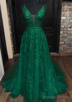 A Line V Neck Sleeveless Lace Court Train Prom Dress With Pleated