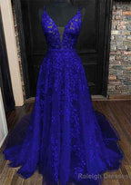 A-line V Neck Sleeveless Lace Court Train Prom Dresses With Pleated
