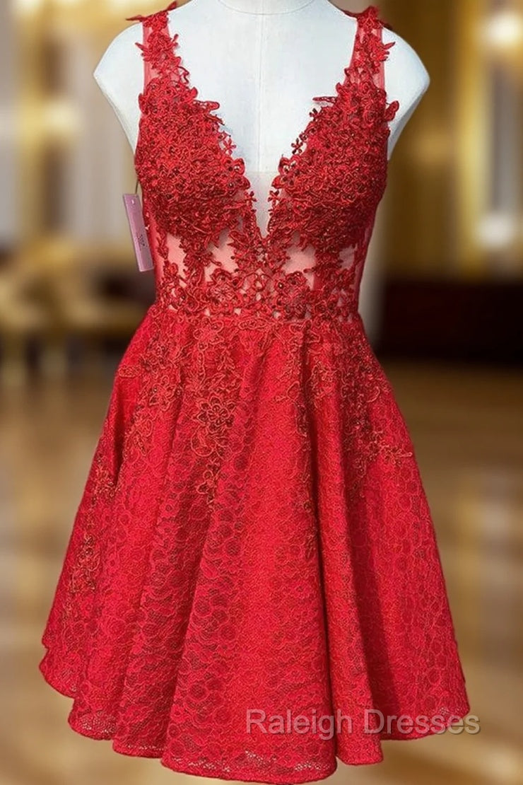 A Line V Neck Sleeveless Lace Short Mini Homecoming Dress With Beading