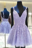 A-line V Neck Sleeveless Lace Tulle Short/Mini Homecoming Dress With Appliqued Beading