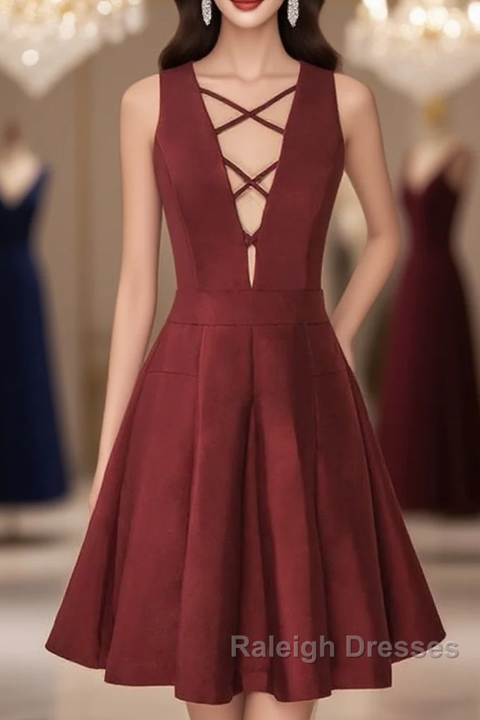 A-Line V-Neck Sleeveless Lace-Up Short Burgundy Satin Homecoming Dresses