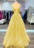 A-line V Neck Sleeveless Long/Floor-Length Lace Prom Dresses With Beading