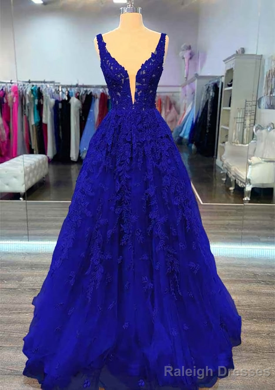 A Line V Neck Sleeveless Long Dress Floor Length Lace Prom Dress With Beading
