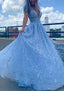 A-line V Neck Sleeveless Long/Floor-Length Lace Tulle Prom Dresses With Beading Sequins