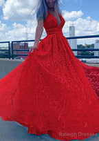 A Line V Neck Sleeveless Long Dress Floor Length Lace Tulle Prom Dress With Beading Sequins