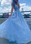 A Line V Neck Sleeveless Long Dress Floor Length Lace Tulle Prom Dress With Beading Sequins