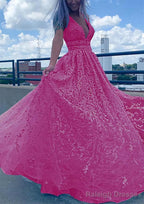 A-line V Neck Sleeveless Long/Floor-Length Lace Tulle Prom Dresses With Beading Sequins