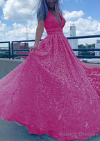 A Line V Neck Sleeveless Long Dress Floor Length Lace Tulle Prom Dress With Beading Sequins
