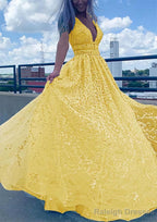 A Line V Neck Sleeveless Long Dress Floor Length Lace Tulle Prom Dress With Beading Sequins